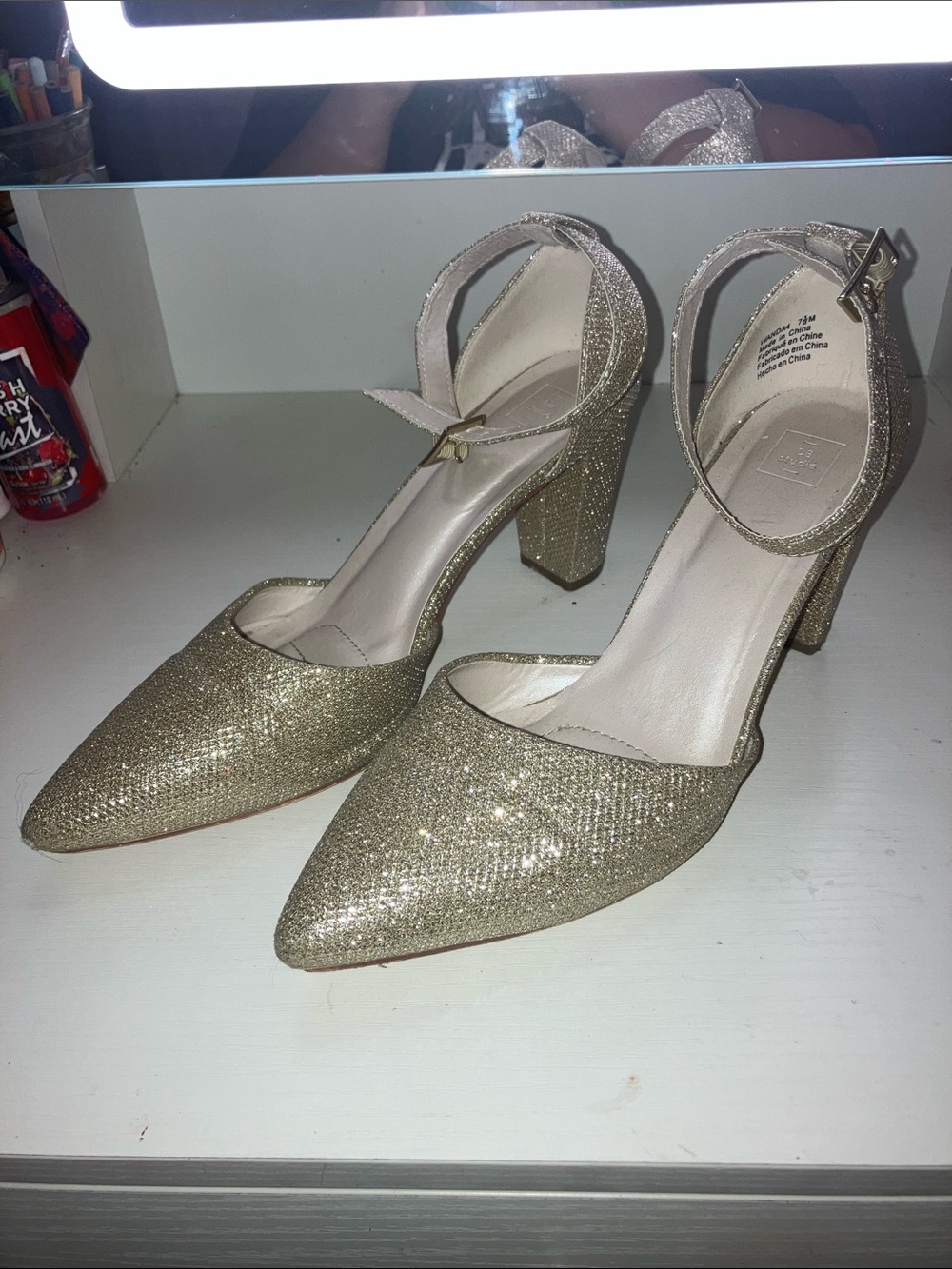 David's Bridal Gold Glitter Pointed Block Heel Ankle Strap Pumps